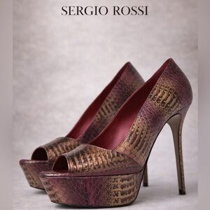 Sergio Rossi Snake Print Peep Toe Platform Pumps Gold Purple Leather Heels EU39